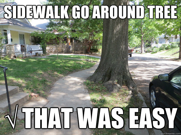 Sidewalk go around tree √ That was easy  save the trees