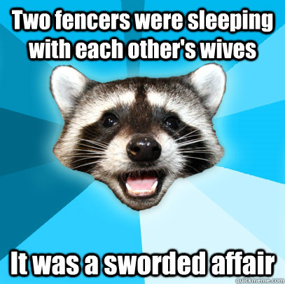Two fencers were sleeping with each other's wives It was a sworded affair  Lame Pun Coon