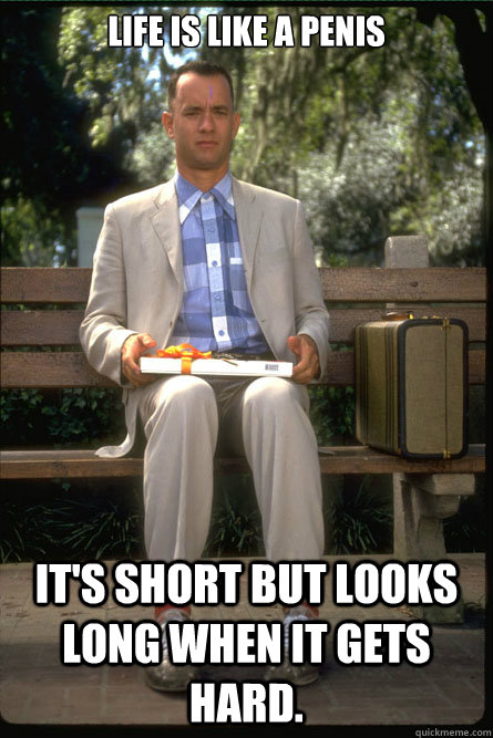LIFE IS LIKE A PENIS IT'S SHORT BUT LOOKS LONG WHEN IT GETS HARD. - LIFE IS LIKE A PENIS IT'S SHORT BUT LOOKS LONG WHEN IT GETS HARD.  Scumbag Gump