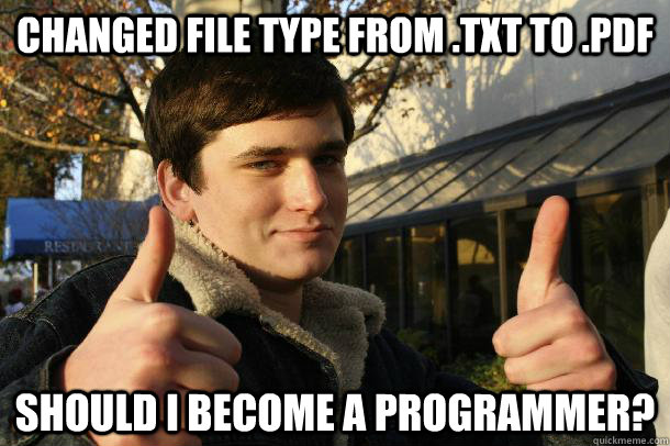 Changed file type from .txt to .PDF Should I become a programmer?   Inflated sense of worth Kid