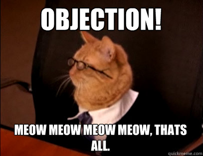 OBJECTION!
 MEOW MEOW MEOW MEOW, THATS ALL.   Lawyer Cat