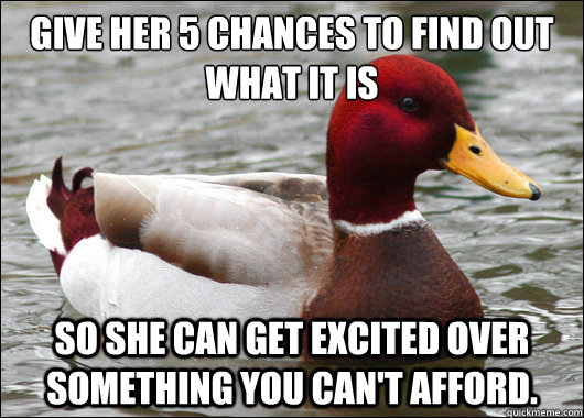 Give her 5 chances to find out what it is
 so she can get excited over something you can't afford.  Malicious Advice Mallard