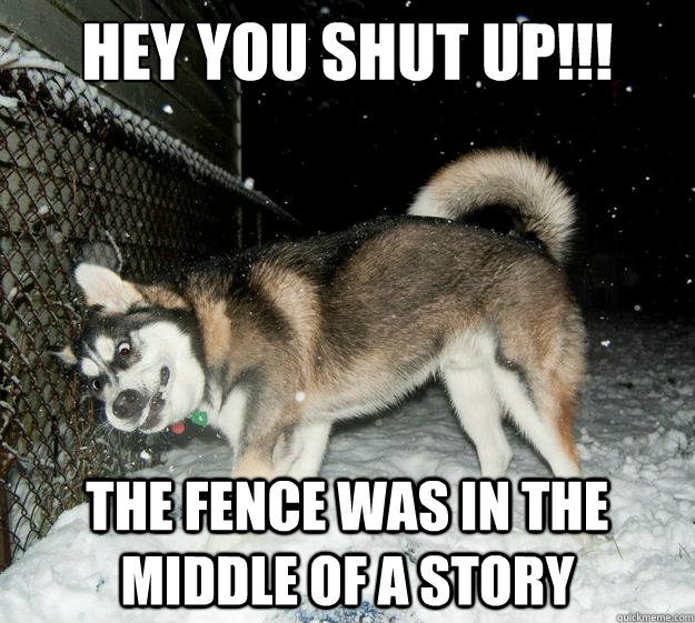 hey you shut up!!! the fence was in the middle of a story  Sudden Clarity Canine