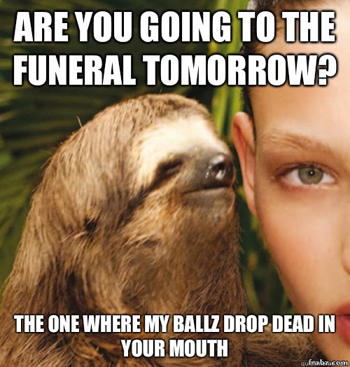 Are you going to the funeral tomorrow? The one where MY BALLZ drop dead in your mouth  rape sloth
