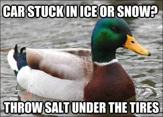 Car stuck in ice or snow? Throw salt under the tires  Actual Advice Mallard