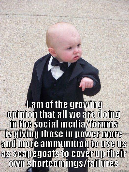   I AM OF THE GROWING OPINION THAT ALL WE ARE DOING IN THE SOCIAL MEDIA/FORUMS IS GIVING THOSE IN POWER MORE AND MORE AMMUNITION TO USE US AS SCAPEGOATS TO COVER UP THEIR OWN SHORTCOMINGS/FAILURES Baby Godfather