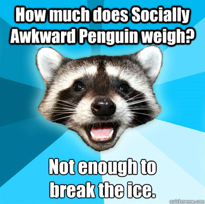 How much does Socially Awkward Penguin weigh? Not enough to 
break the ice.  Lame Pun Coon
