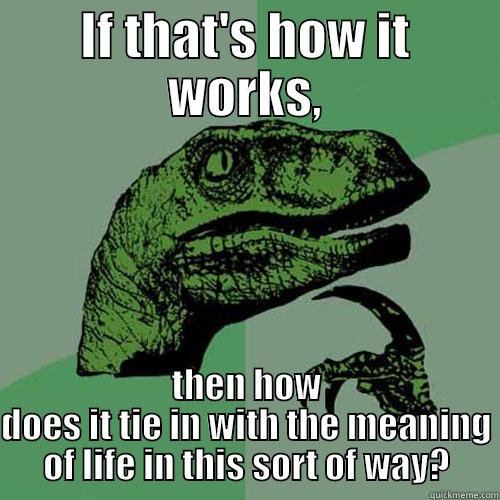 IF THAT'S HOW IT WORKS, THEN HOW DOES IT TIE IN WITH THE MEANING OF LIFE IN THIS SORT OF WAY? Philosoraptor