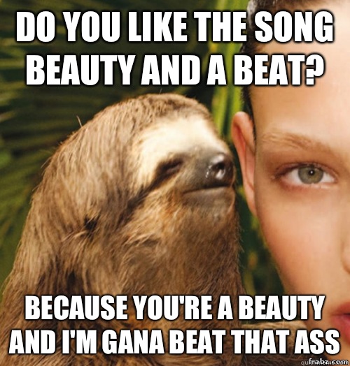 Do you like the song Beauty and a beat? Because you're a beauty and I'm gana beat that ass  rape sloth