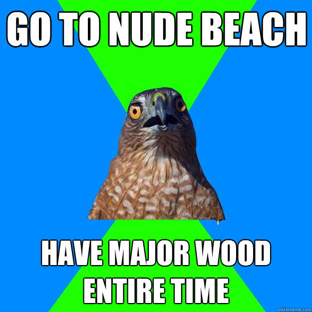 go to nude beach have major wood entire time  Hawkward