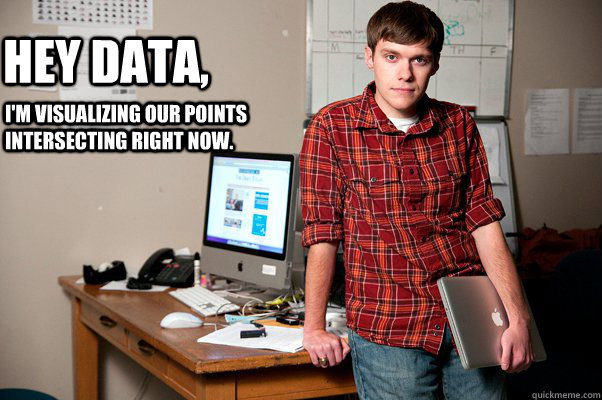 Hey Data, I'm visualizing our points intersecting right now.   Hey Data