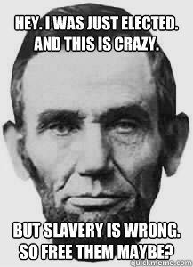 Hey. I was just elected. And this is crazy. But slavery is wrong. So free them maybe?  Abraham Lincoln