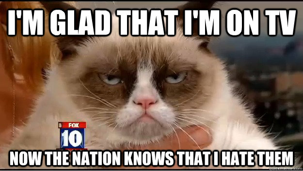 I'm glad that I'm on TV  Now the nation knows that I hate them  - I'm glad that I'm on TV  Now the nation knows that I hate them   Grumpy Cat Is Serious