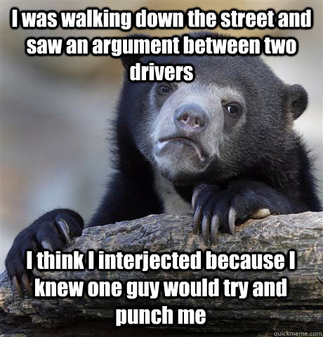 I was walking down the street and saw an argument between two drivers I think I interjected because I knew one guy would try and punch me  Confession Bear