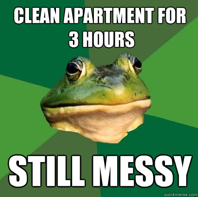 Clean apartment for
 3 hours still messy  Foul Bachelor Frog