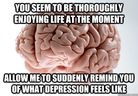 You seem to be thoroughly enjoying life at the moment Allow me to suddenly remind you of what depression feels like  Scumbag Brain