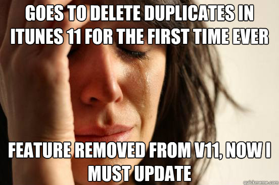Goes to delete duplicates in itunes 11 for the first time ever Feature removed from v11, Now i must update  First World Problems