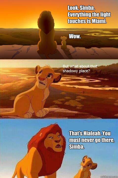 Look, Simba. Everything the light touches is Miami. Wow. That's Hialeah. You must never go there, Simba.   Lion King Shadowy Place