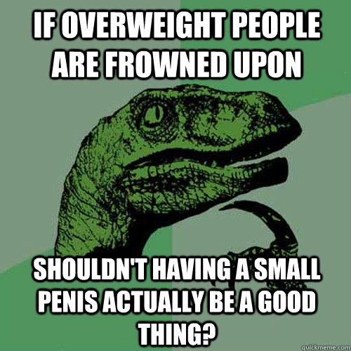 If overweight people are frowned upon Shouldn't having a small penis actually be a good thing? - If overweight people are frowned upon Shouldn't having a small penis actually be a good thing?  Philosoraptor