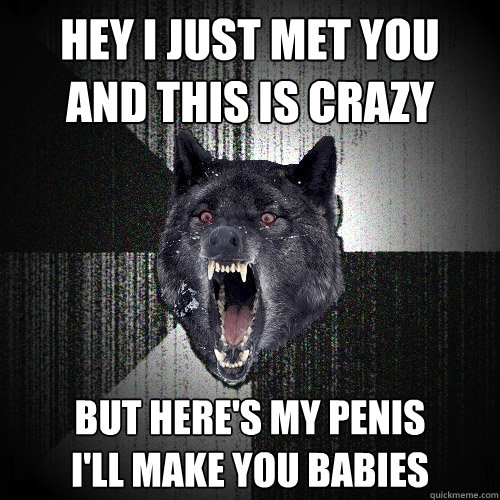 Hey I just met you
and this is crazy but here's my penis
I'll make you babies  Insanity Wolf