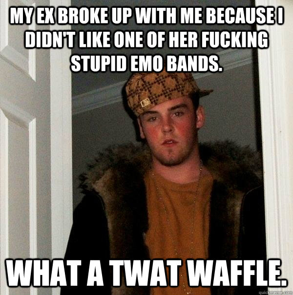 My ex broke up with me because I didn't like one of her fucking stupid emo bands.  What a twat waffle.  Scumbag Steve