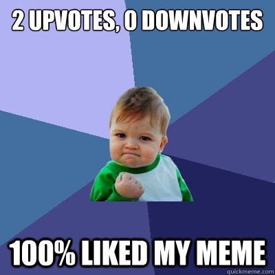 2 upvotes, 0 downvotes 100% liked my meme - 2 upvotes, 0 downvotes 100% liked my meme  Success Kid