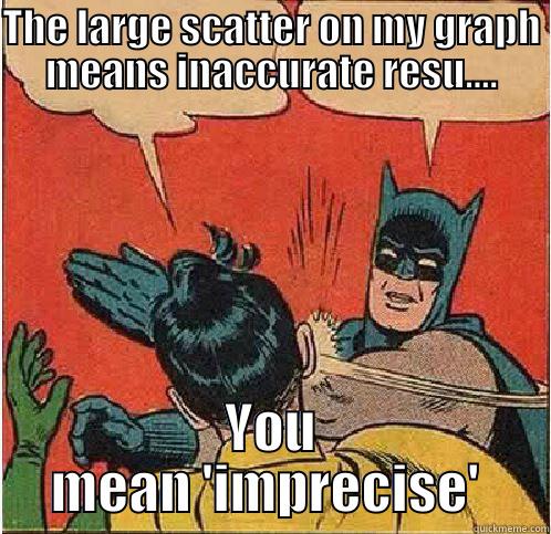 THE LARGE SCATTER ON MY GRAPH MEANS INACCURATE RESU.... YOU MEAN 'IMPRECISE'  Batman Slapping Robin