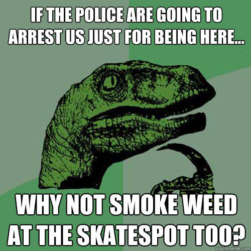 If the police are going to  arrest us just for being here... Why not smoke weed at the skatespot too?  Philosoraptor