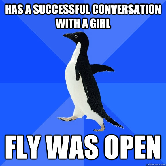 Has a successful conversation with a girl Fly was open  Socially Awkward Penguin