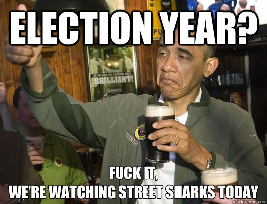 Election year? Fuck it,
We're watching street sharks today  Upvoting Obama