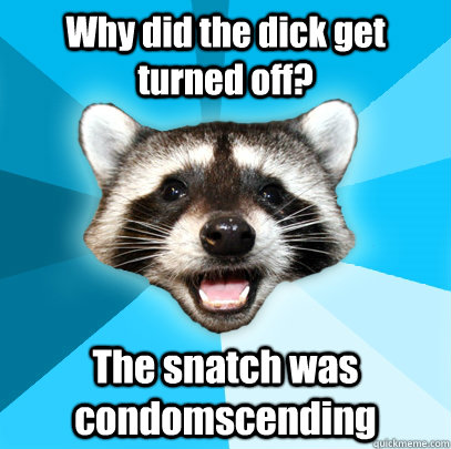 Why did the dick get turned off? The snatch was condomscending  Lame Pun Coon