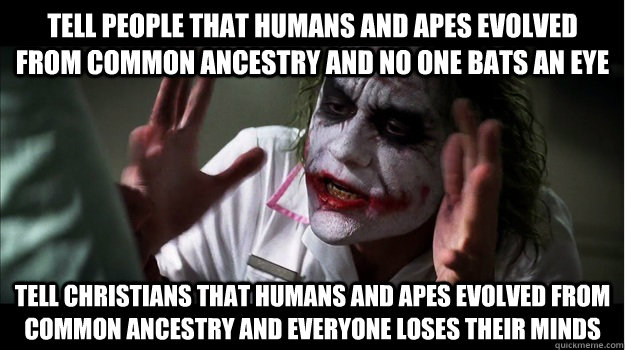Tell people that humans and apes evolved from common ancestry and no one bats an eye tell christians that humans and apes evolved from common ancestry and everyone loses their minds  Joker Mind Loss