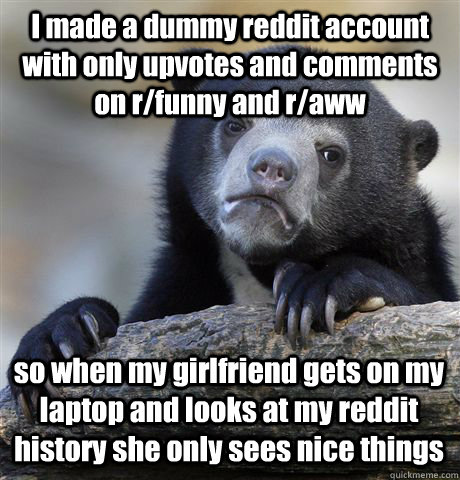 I made a dummy reddit account with only upvotes and comments on r/funny and r/aww so when my girlfriend gets on my laptop and looks at my reddit history she only sees nice things  Confession Bear