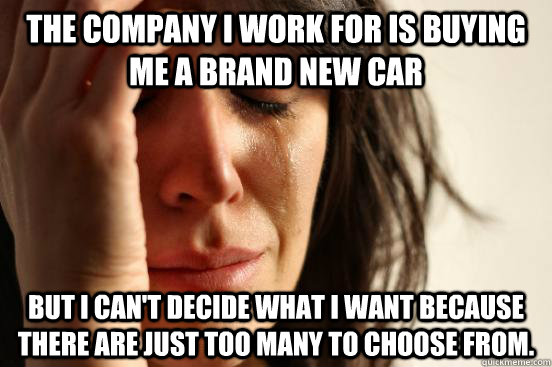 The company I work for is buying me a brand new car but I can't decide what I want because there are just too many to choose from.  First World Problems