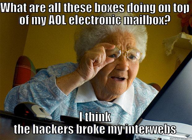 WHAT ARE ALL THESE BOXES DOING ON TOP OF MY AOL ELECTRONIC MAILBOX? I THINK THE HACKERS BROKE MY INTERWEBS Grandma finds the Internet