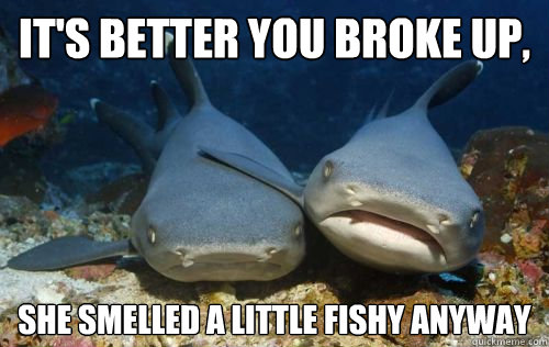 it's better you broke up, she smelled a little fishy anyway  Compassionate Shark Friend