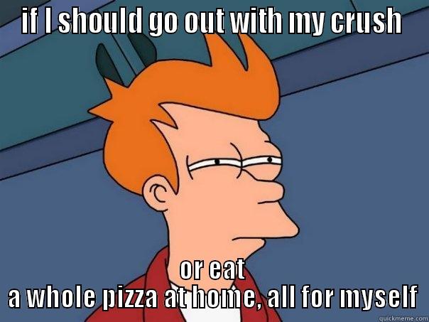 IF I SHOULD GO OUT WITH MY CRUSH OR EAT A WHOLE PIZZA AT HOME, ALL FOR MYSELF Futurama Fry
