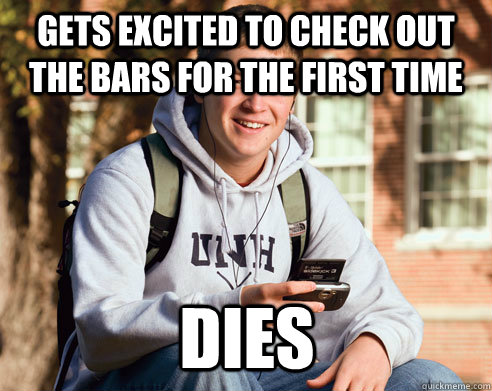 Gets excited to check out the bars for the first time dies  College Freshman