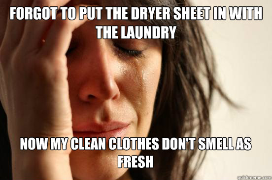 forgot to put the dryer sheet in with the laundry
 now my clean clothes don't smell as fresh Caption 3 goes here  First World Problems