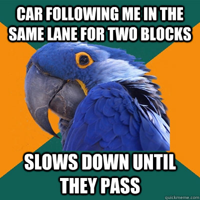 car following me in the same lane for two blocks slows down until they pass  Paranoid Parrot