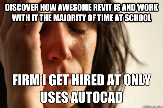 discover how awesome revit is and work with it the majority of time at school firm I get hired at only uses autocad - discover how awesome revit is and work with it the majority of time at school firm I get hired at only uses autocad  First World Problems