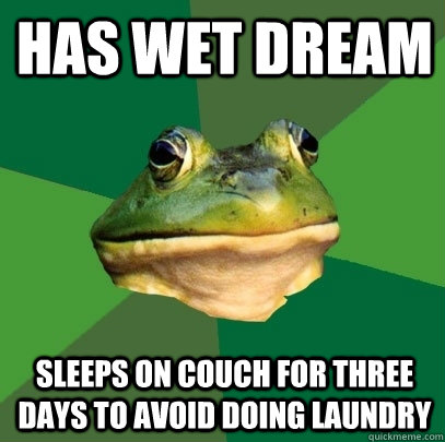 has wet dream Sleeps on couch for three days to avoid doing laundry  Foul Bachelor Frog