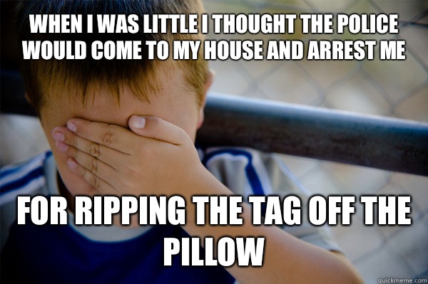 When I was little I thought the police would come to my house and arrest me For ripping the tag off the pillow   Confession kid