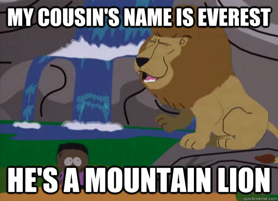 My cousin's name is Everest He's a mountain lion  Aslan the Lion