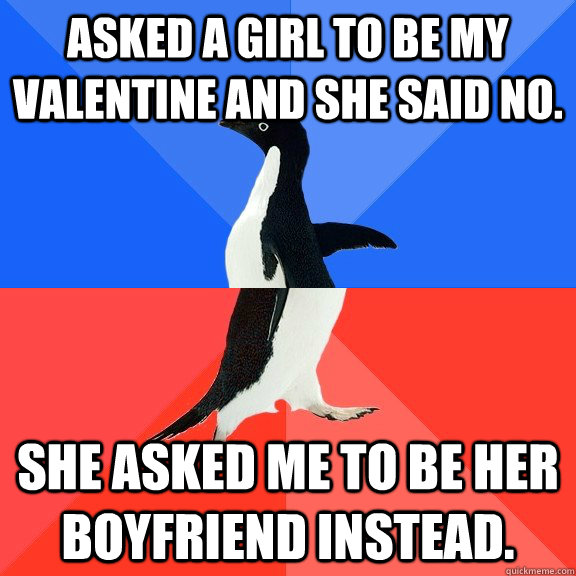 Asked a girl to be my Valentine and she said no. She asked me to be her boyfriend instead.  Socially Awkward Awesome Penguin