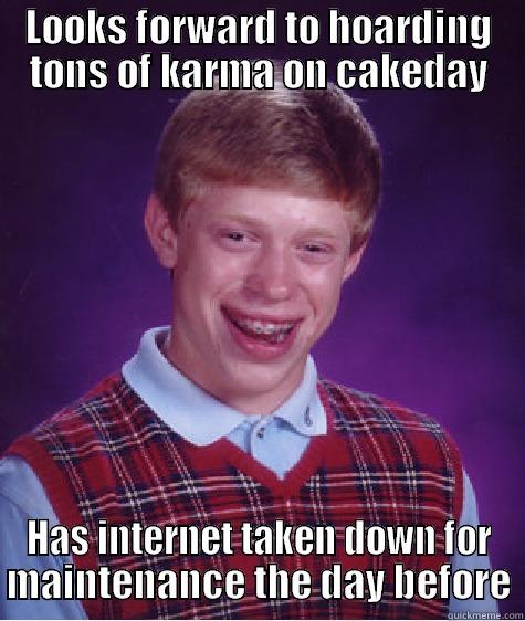 LOOKS FORWARD TO HOARDING TONS OF KARMA ON CAKEDAY HAS INTERNET TAKEN DOWN FOR MAINTENANCE THE DAY BEFORE Bad Luck Brian