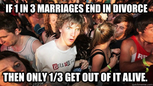 if 1 in 3 marriages end in divorce Then only 1/3 get out of it alive.  Sudden Clarity Clarence