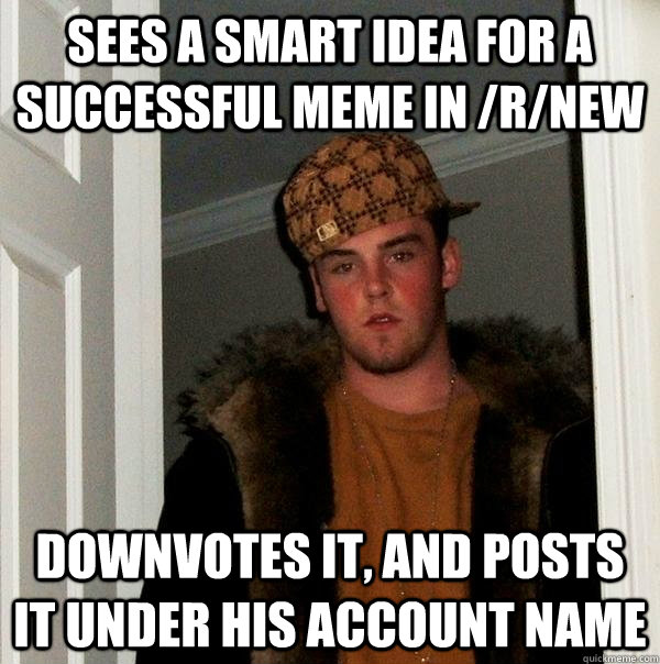 sees a smart idea for a successful meme in /r/new downvotes it, and posts it under his account name - sees a smart idea for a successful meme in /r/new downvotes it, and posts it under his account name  Scumbag Steve