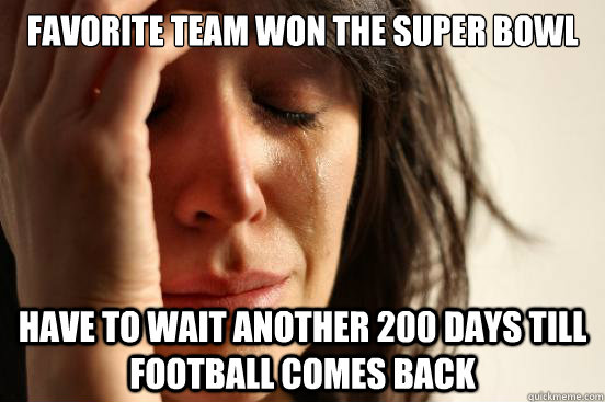 Favorite team won the super bowl Have to wait another 200 days till football comes back  First World Problems