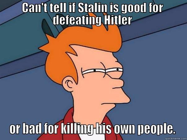 Can't tell if Stalin is good for defeating Hitler or bad for killing his own people. - CAN'T TELL IF STALIN IS GOOD FOR DEFEATING HITLER OR BAD FOR KILLING HIS OWN PEOPLE. Futurama Fry